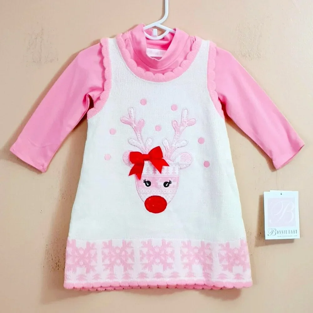 Bonnie Baby Reindeer Sweater Dress 18M Christmas Jumper with Scallop Edges